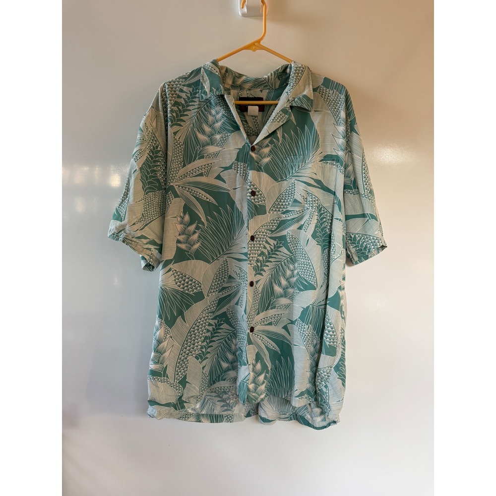 Island Aloha Wear Hawaii Mens 2XL Teal Tropical Rayon Button Up Camp Shirt